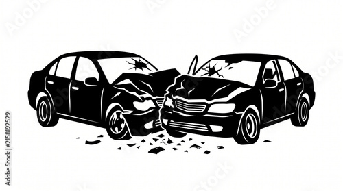 Head on collision silhouette, car crash icon, auto accident damage, vehicle smash concept
