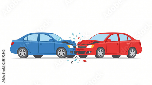 Head on collision, flat car accident illustration, red and blue vehicles crash concept