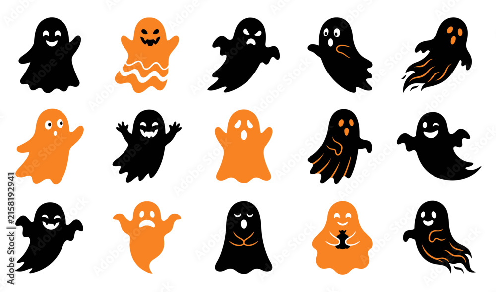 Obraz premium A collection of cute and spooky halloween ghost characters featuring various facial expressions isolated on a white background for design