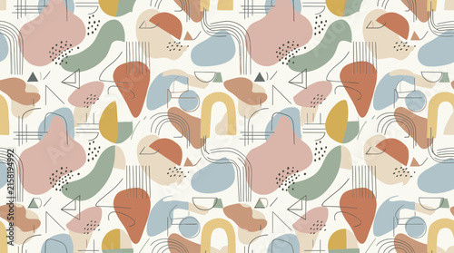 Stylish Abstract Scandinavian Pastel Shapes Repeating Pattern Background in Minimalist Design