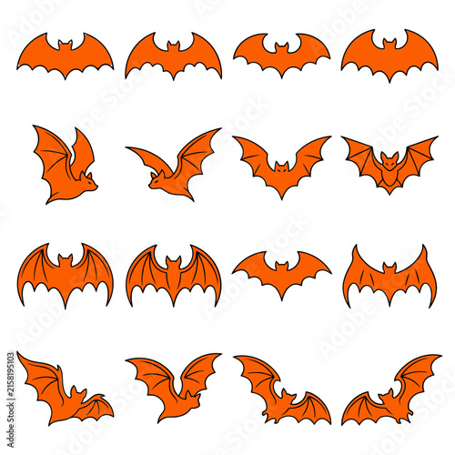 Orange Halloween Flying Bats Vector Icon Set for Spooky Holiday Designs