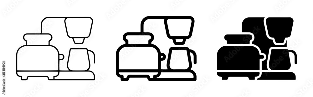 Fototapeta premium Coffee maker icon set for kitchen and cafe outline, solid and color styles, white background