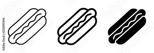 Hot dog icon set for fast food and restaurant apps outline, solid and color styles, white background