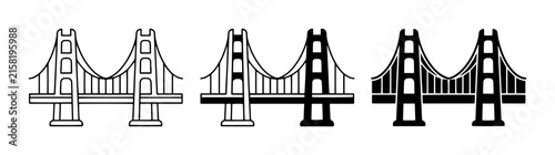 Golden Gate Bridge icon set for travel and landmarks outline, solid and color styles, white background