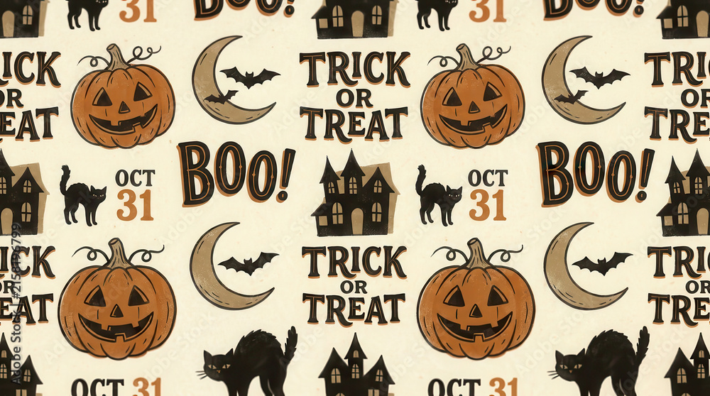 Seamless pattern with Halloween symbols including jack-o-lanterns, black cats, haunted houses, and bats