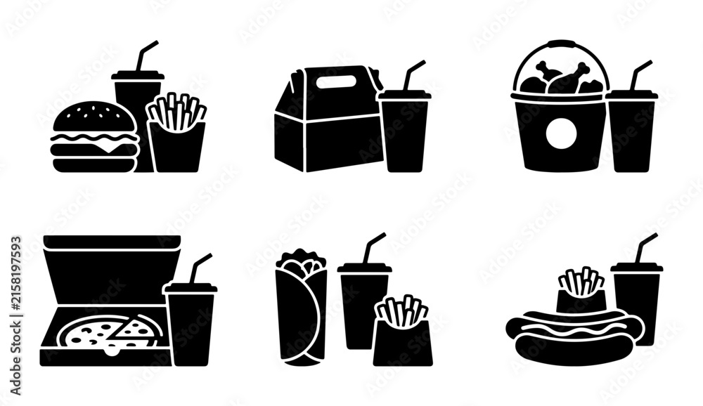 Obraz premium Fast Food Icons, Takeaway Meal Graphics, Burger, Pizza, Hot Dog, Drinks, Vector Set