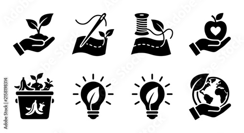 Eco-Friendly Icons: Sustainability, Recycling, Green Energy, Organic Food, Sewing, Innovation