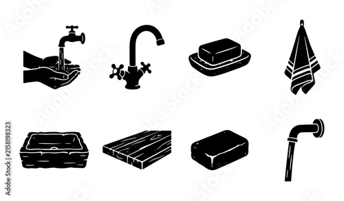 Hygiene Icons: Hand Washing, Soap, Towel, Faucet, Plumbing Elements Set