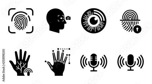 Biometric Security Icons: Fingerprint, Face Scan, Iris, Palm Vein, Voice Recognition