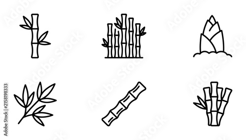 Bamboo Icons Set: Simple Line Art Illustrations of Stalks, Shoots, and Leaves for Nature and Asian Themes