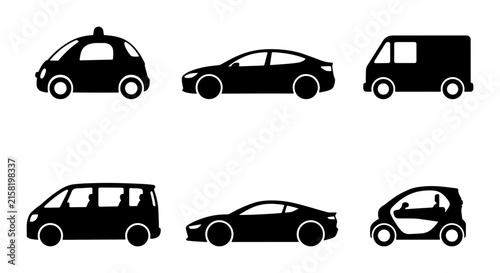 Diverse Vehicle Silhouettes: Compact Cars, Sedan, Van, SUV, Taxi Icons for Transport Concepts