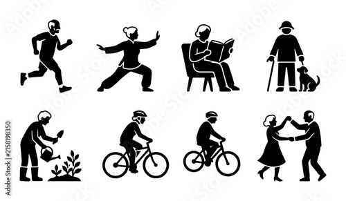 Senior Lifestyle Icons: Active Aging, Hobbies, and Recreation Vector Set