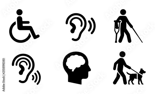 Disability Icons Set: Accessibility, Hearing, Mobility, Visual Impairment, Cognitive, Service Animal Support