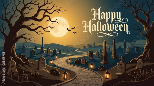 Spooky halloween graveyard landscape with tombstones, full moon, and glowing lanterns at night