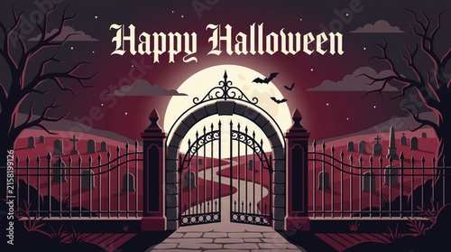 Happy halloween greeting card with a spooky cemetery gate, full moon, bats, and bare trees in a dark, mysterious night landscape