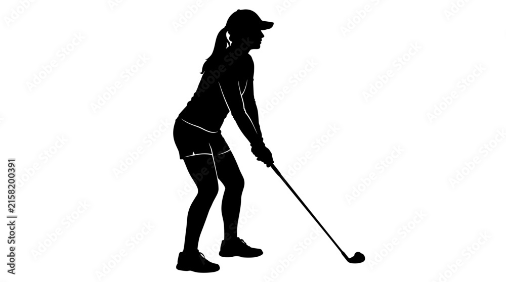 Fototapeta premium Silhouette of a woman golfer preparing to swing on a white background