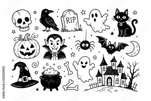 Set of cute hand drawn halloween doodle elements including ghosts pumpkins bats and a haunted house