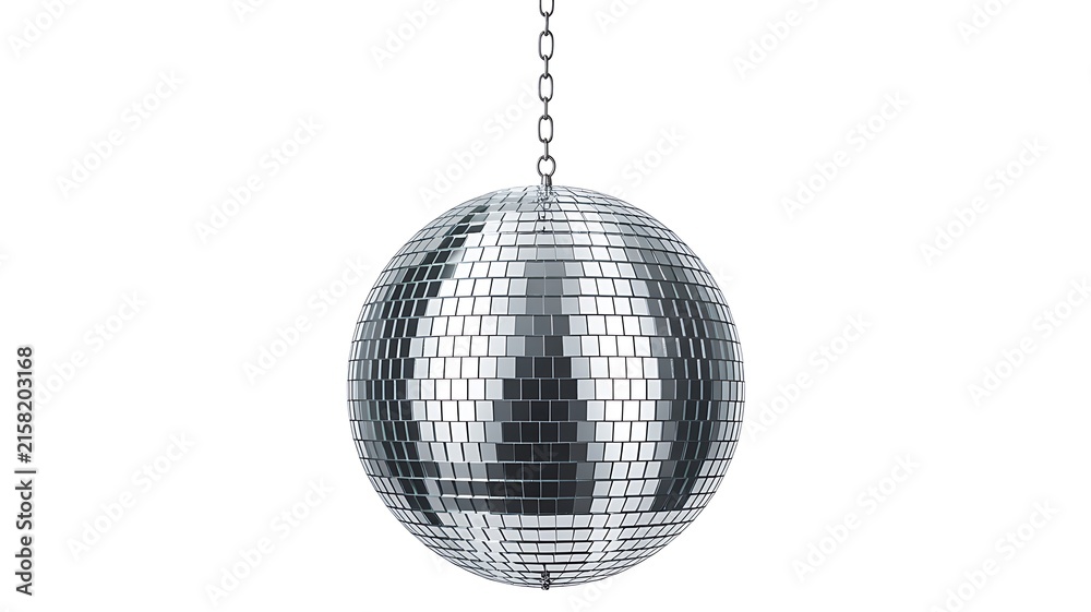 Fototapeta premium Shiny silver disco ball hanging from a metal chain