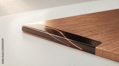 Geometric inlaid copper lines on dark wood surface detail with geometric