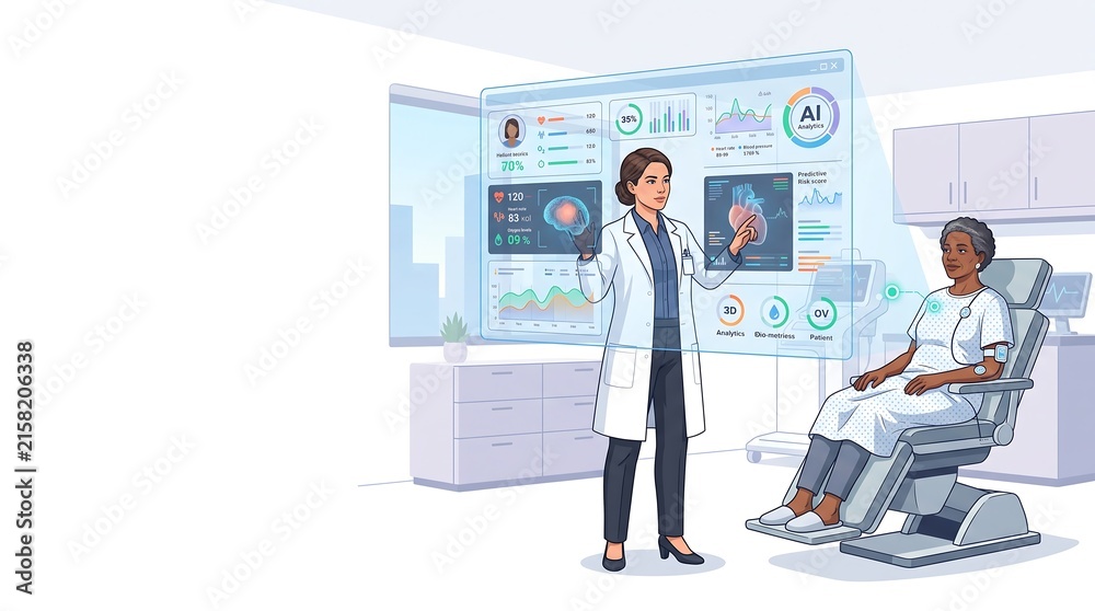 Fototapeta premium Futuristic AI Medical Diagnosis with Doctor and Patient Illustration