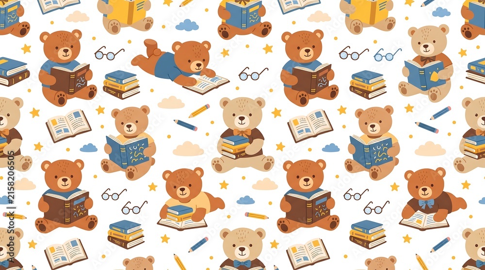 Fototapeta premium Teddy Bears Reading Books Seamless Pattern for Kids