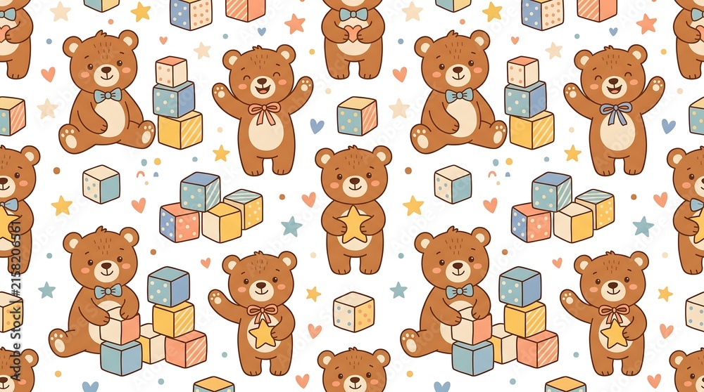 Fototapeta premium Teddy Bear Toy Blocks Seamless Pattern for Children