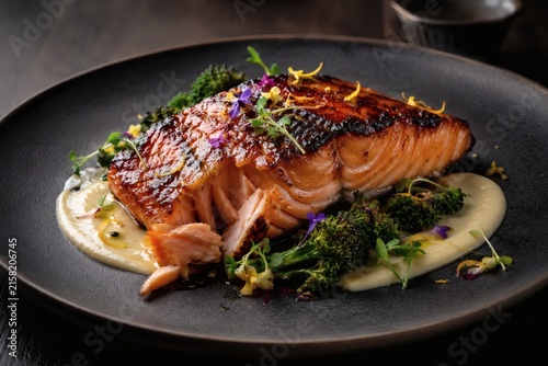 Charred Miso Salmon with Citrus and Microgreens Fine Dining