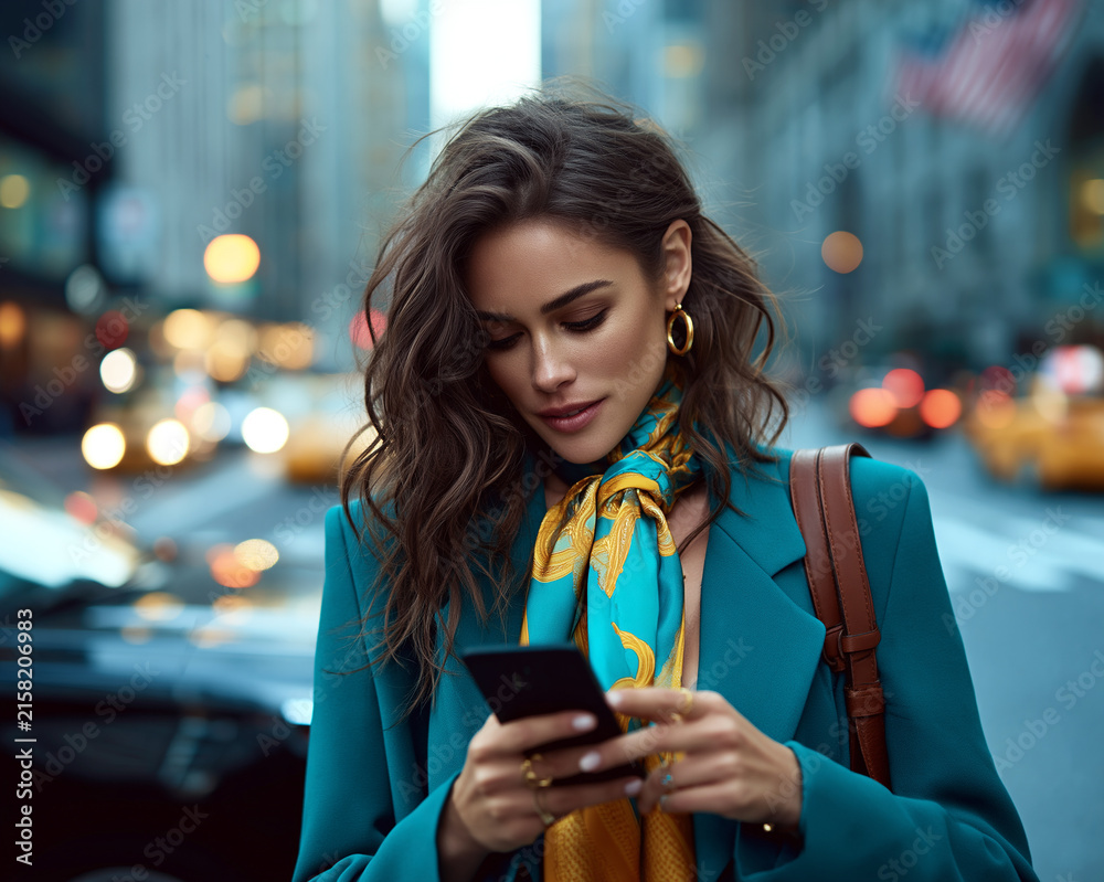 Naklejka premium Elegancka kobieta z rozwianymi włosami stoi na zatłoczonej miejskiej ulicy, trzymając w rękach smartfon. Ma na sobie niebieską marynarkę i wzorzysty szalik, a w tle rozbłyski światła aut.