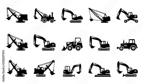 Set of black silhouette icons representing various construction machinery excavators and heavy duty industrial vehicles for building sites