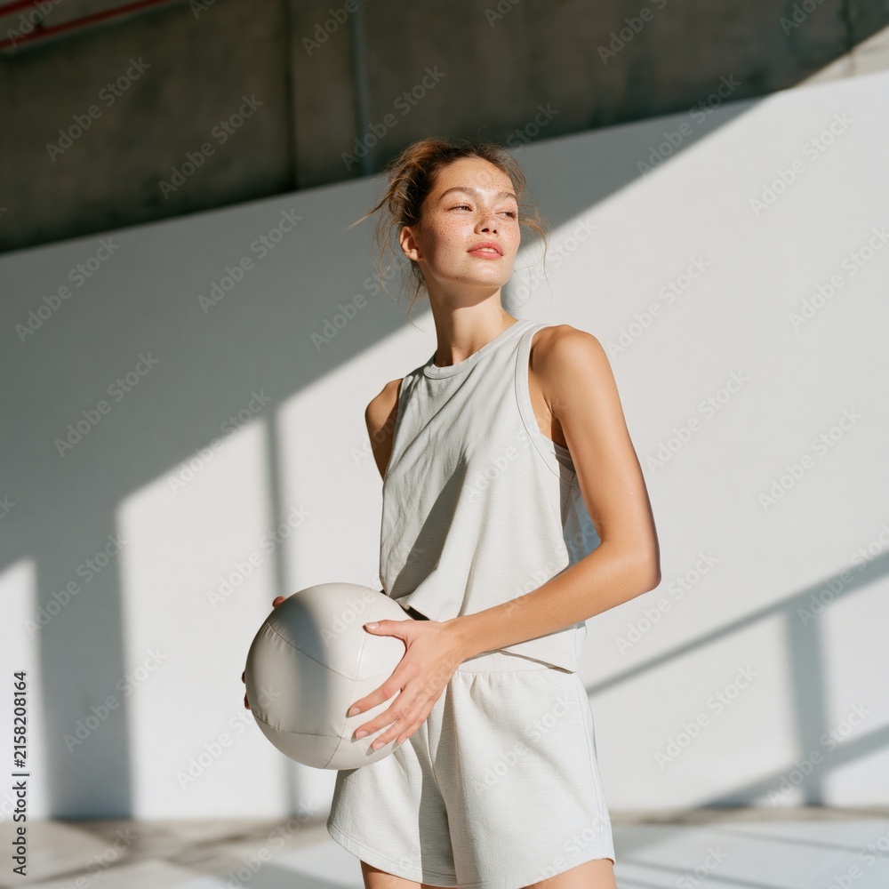Fototapeta premium Young woman holding a volleyball in neutral activewear in a sunlit gym for fitness lifestyle banner and sports background