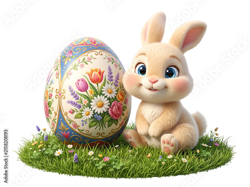 Cute easter bunny sitting next to a beautifully decorated floral egg isolated on transparent background