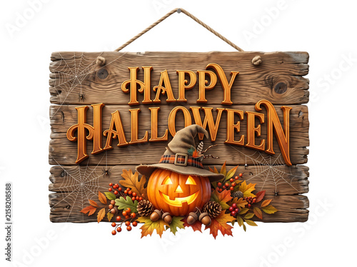 Happy halloween wooden sign with jackolantern and autumn decorations isolated on transparent background