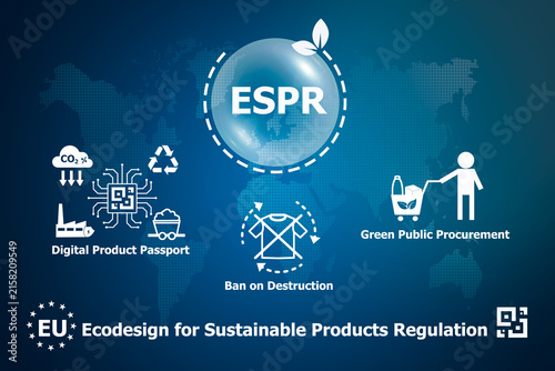 ESPR text on wood and icons on blue background.Ecodesign for Sustainable Products Regulation concept.
