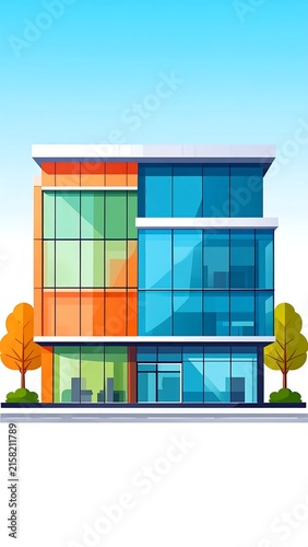 Modern office building with colorful glass windows and autumn leaves.
