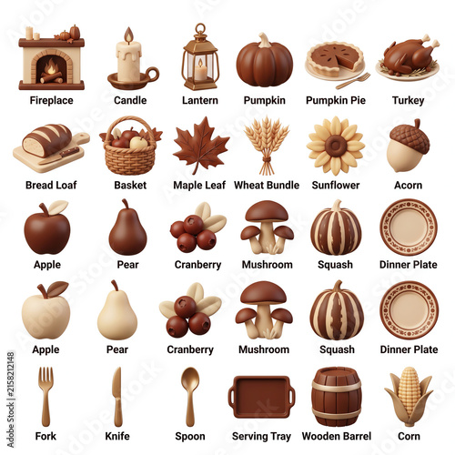 Autumn Harvest Thanksgiving Food Decor Collection 3D Icons
