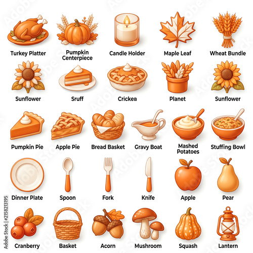Thanksgiving Autumn Food and Decor Icons Turkey Pumpkin Pie Wheat Candle