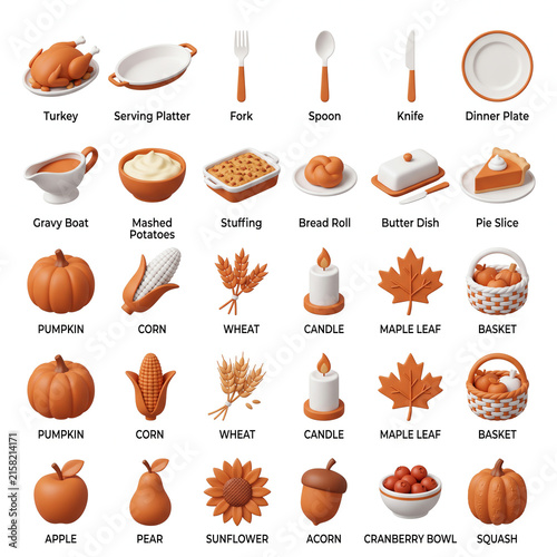 Thanksgiving Food and Autumn Elements Collection 3D Render
