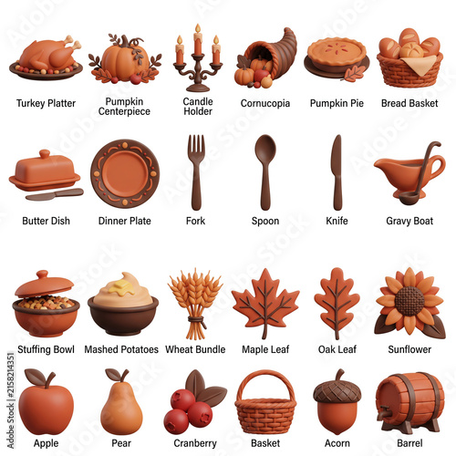 Thanksgiving Food and Autumn Harvest Icons Turkey Pie Cornucopia Pumpkin Leaves