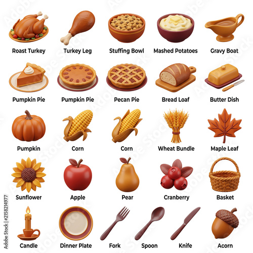 Thanksgiving Food Collage Turkey Pies Corn Autumn Harvest and Table Setting Icons