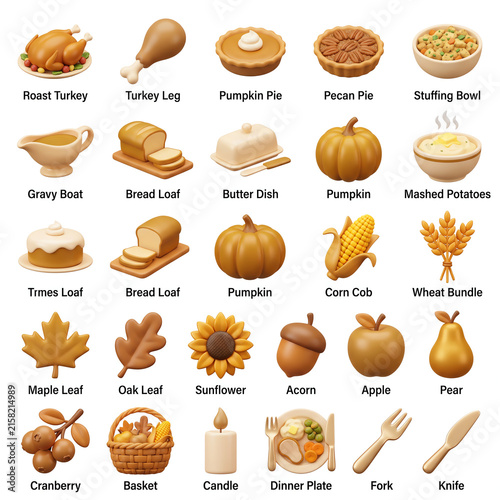 Thanksgiving Food Collection Roast Turkey Pies Pumpkin Corn Fruits and Autumn Decor