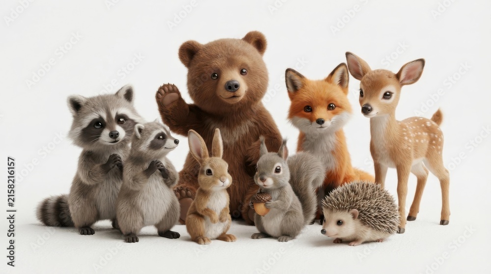 Naklejka premium Cute cartoon woodland animals group standing together