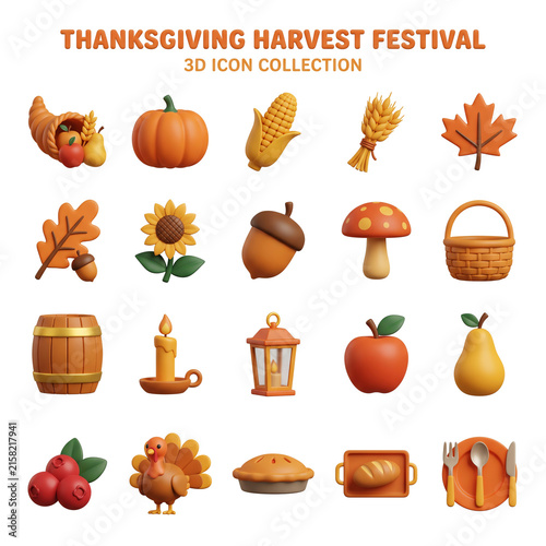 Thanksgiving Harvest Festival 3D Icon Collection Autumn Symbols