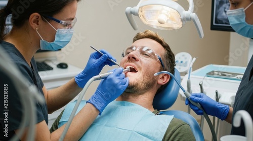 Dentist and dental assistant examining male patient in clinic