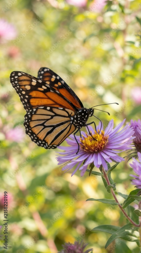 Obraz premium Monarch butterfly feeding on a purple flower