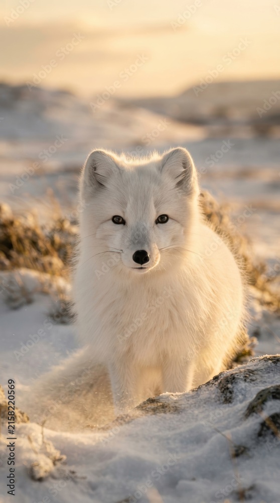 Naklejka premium Arctic fox in snow landscape during sunset