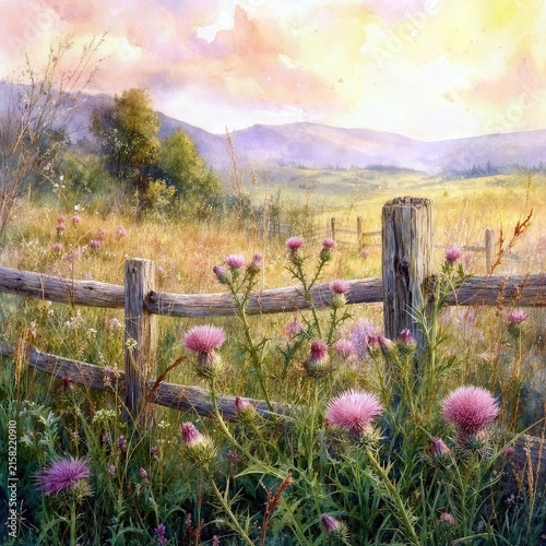 A wooden fence, set amid a vibrant sunset and a field of pink thistles, is framed by rolling hills and distant mountains, creating a serene atmosphere