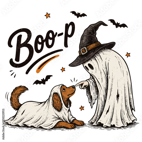 Vintage Halloween Illustration of a Ghost and Dog in Costumes with “Boo” Typography