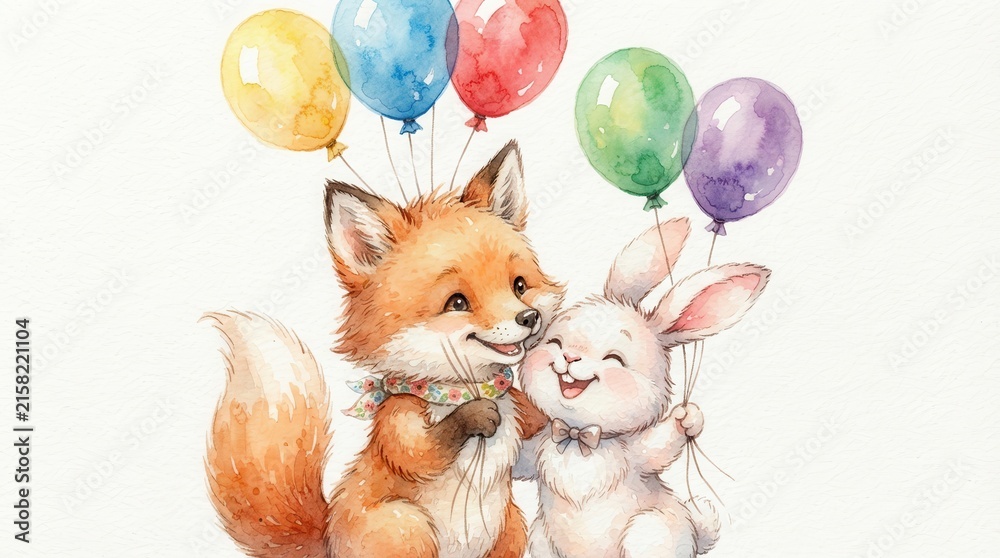 Naklejka premium Cute watercolor fox and bunny holding colorful balloons