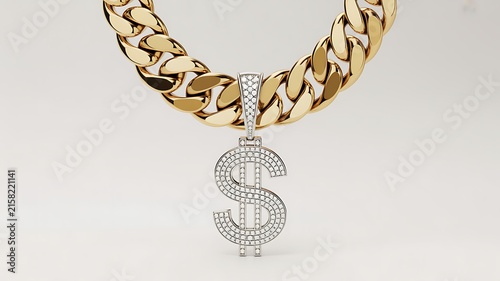 Shiny gold dollar sign pendant necklace with diamond stones