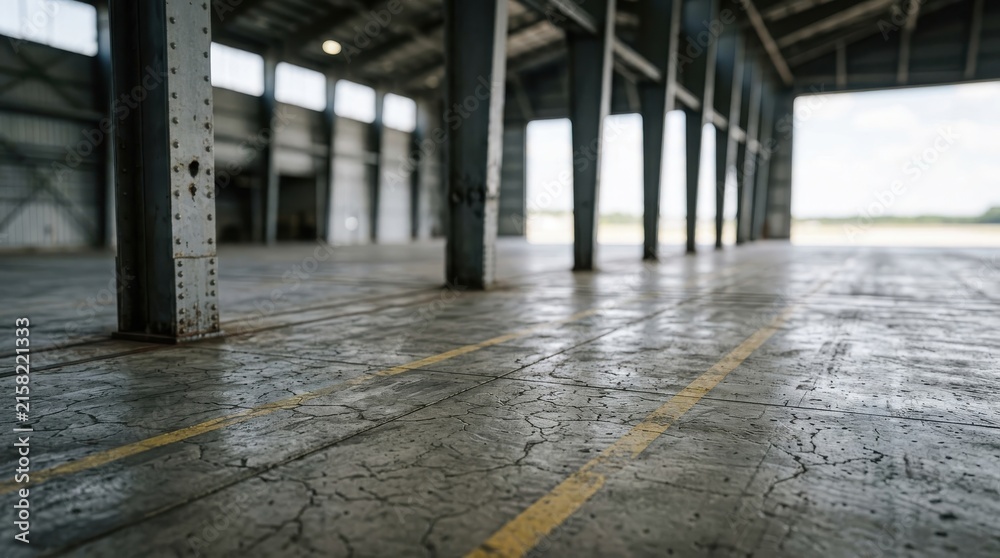 Fototapeta premium Empty large industrial warehouse interior with steel beams and concrete floor